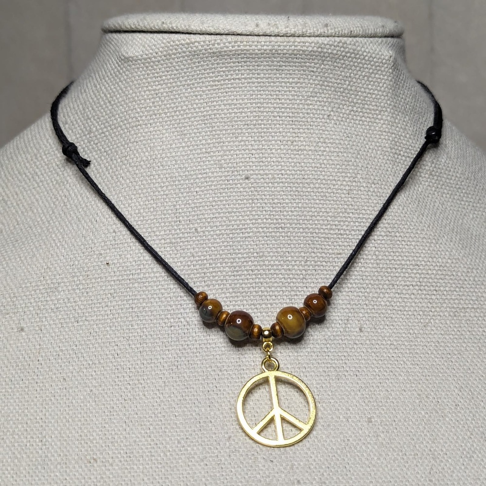 Gold Brown Peace Sign Ceramic Beaded Boho Hippie Cord Choker Stacking Necklace - Picture 3 of 3